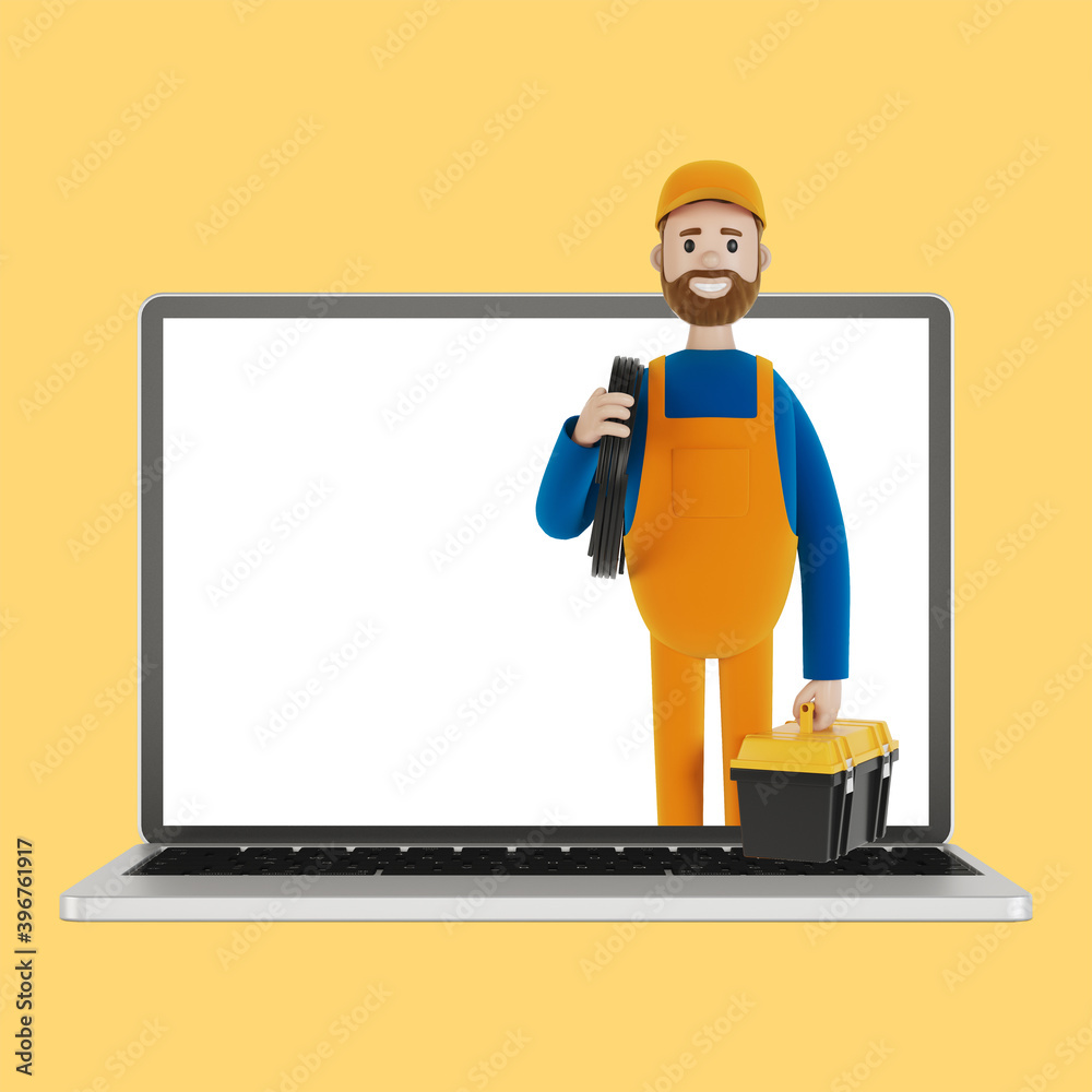 Electrician builder in laptop screen. Husband for an hour. An electrician, plumber, carpenter calls the foreman to work. 3D illustration in cartoon style.