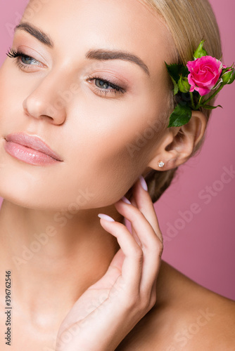 beautiful blonde woman with perfect skin and rose flower in hair isolated on pink