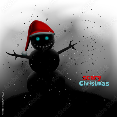 scary Christmas snowman in winter night