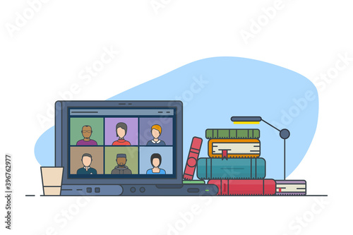 Notebook with online video conference or learning process. Flat style, thick and thin line design concept art. Pile of books and education. 
