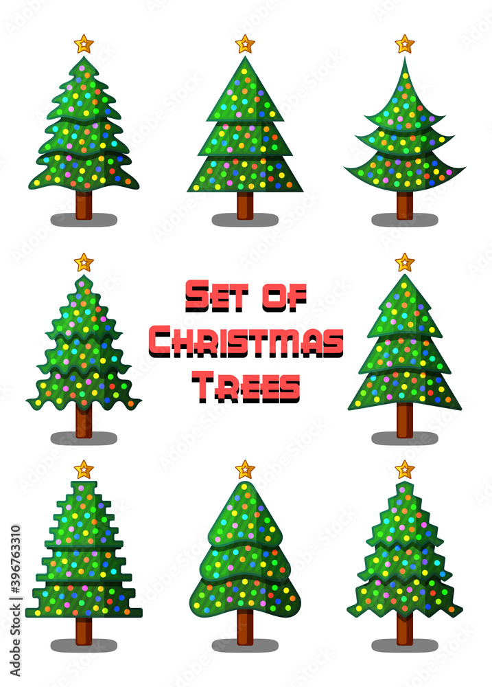 Set of Christmas Fir Trees with Holiday Decorations and Stars, Winter Symbol, Isolated on White. Vector Set of Christmas Fir Trees with Holiday Decorations and Stars, Winter Symbol, Isolated on White. Vector