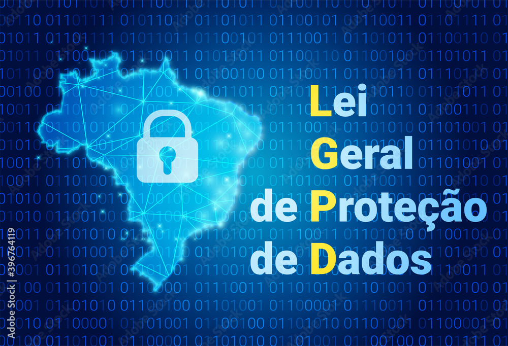 LGPD - Brazilian Data Protection Authority DPA, rights under the Lei Geral de Prote o de Dados - Spanish . Vector background with lock and map of Brazil