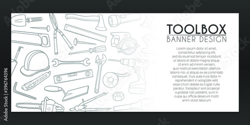 Toolbox Banner Doodles. Tools Background Hand drawn. Work illustration. Sea Vector Horizontal Design.