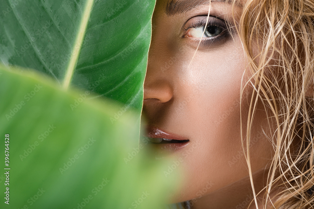 closeup of blonde woman with wet hair and green leaf closeup of blonde woman with wet hair and green leaf