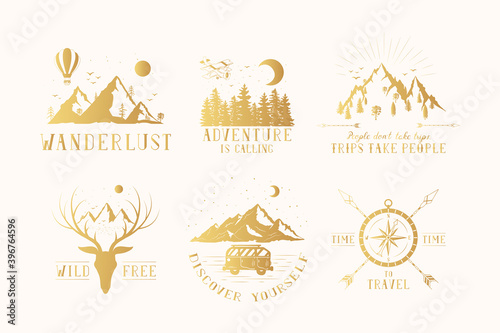 Set of hand drawn golden wanderlust badges with mountains, forest, stars and moon. Vector isolated explore and adventure gold prints and labels.