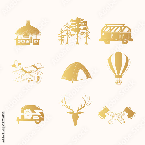 Set of hand drawn golden wanderlust icons with globe, tent, forest trees, compass, deer, axe, hot air balloon, airplane, bus. Vector isolated gold travel, adventure, explore elements.