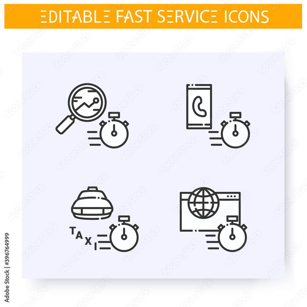 Fast service line icons set. Quick internet, call, research, transport. Express solutions, short term, time management concept. Isolated vector illustrations. Editable stroke Fast service line icons set. Quick internet, call, research, transport. Express solutions, short term, time management concept. Isolated vector illustrations. Editable stroke