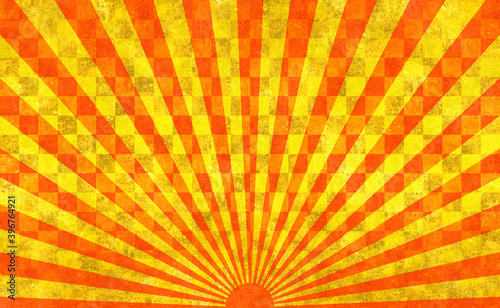 赤の放射線。金色の背景。太陽。古い紙の素材。
Red radiation. Golden background. Sun. Old paper material.