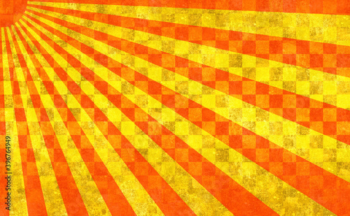 赤の放射線。金色の背景。太陽。古い紙の素材。 Red radiation. Golden background. Sun. Old paper material.