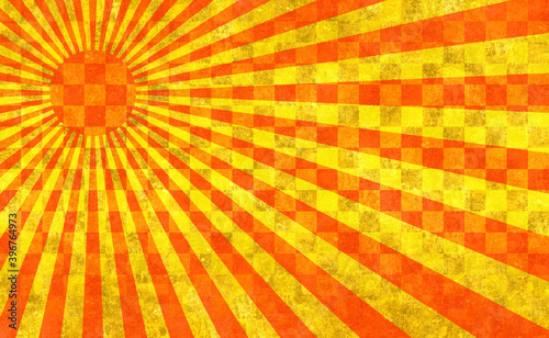 赤の放射線。金色の背景。太陽。古い紙の素材。
Red radiation. Golden background. Sun. Old paper material.