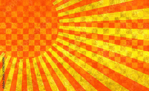 赤の放射線。金色の背景。太陽。古い紙の素材。
Red radiation. Golden background. Sun. Old paper material.