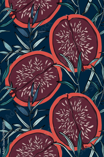 Floral pattern, leaves and Red pomegranate fig background. Botanical Seamless pattern, fashion texture, african motifs. Beach exotic summer collection, trendy jungle design. Vacation Rainforest art