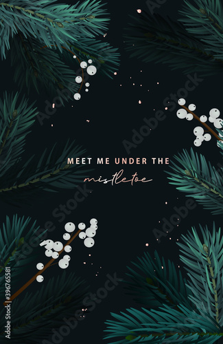 Christmas tree with misletoe white berries festive holidays background. Winter party invitation, banner, advertising, sale poster, greeting card, chic boho event poster