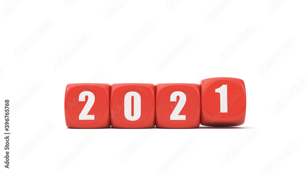 Holiday illustration red cubes with white numbers 2021 on white background. 3D rendering. Happy New Year 2021. Holiday illustration red cubes with white numbers 2021 on white background. 3D rendering. Happy New Year 2021.