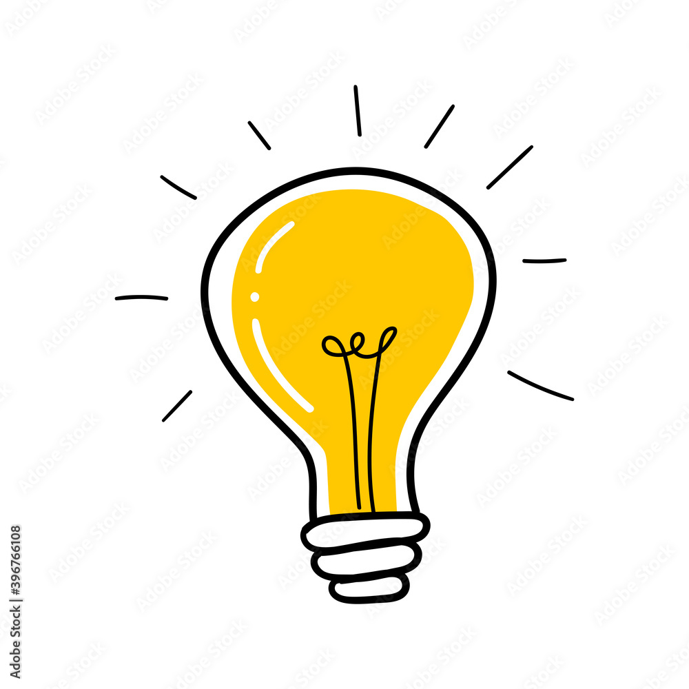 Light bulb with rays shine. Cartoon style. Flat style. Hand drawn style. Doodle style. Symbol of creativity, innovation, inspiration, invention and idea. Vector Light bulb with rays shine. Cartoon style. Flat style. Hand drawn style. Doodle style. Symbol of creativity, innovation, inspiration, invention and idea. Vector