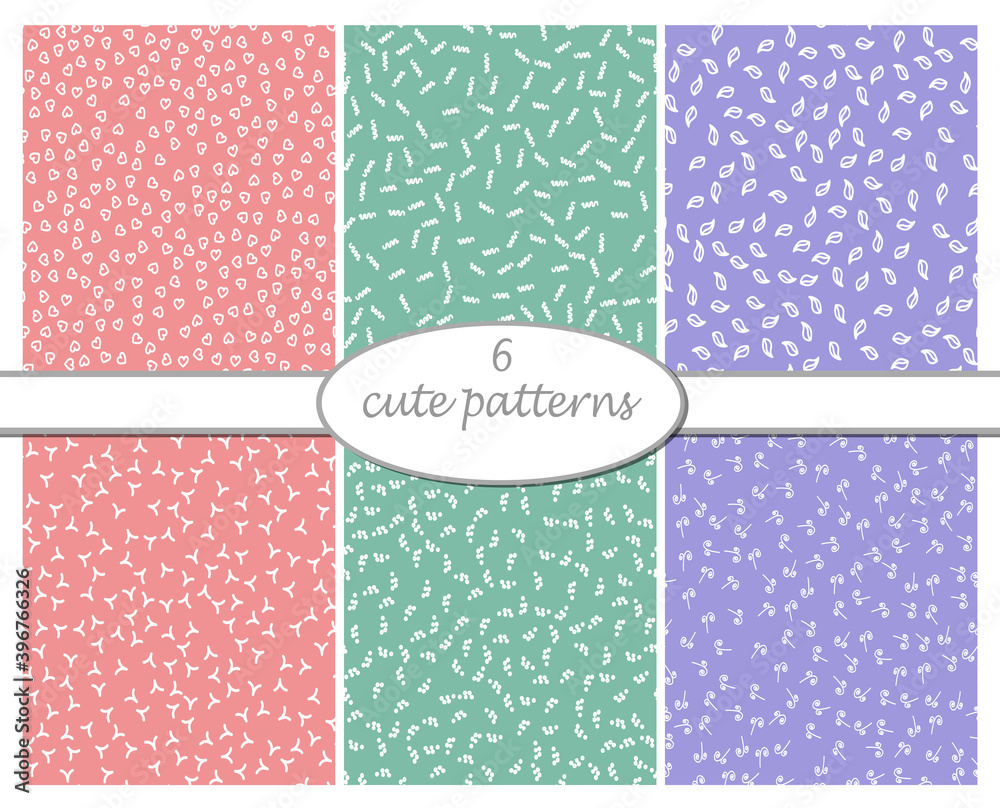 Simple multicolored cute pattern seamless set with abstract elements on tender background