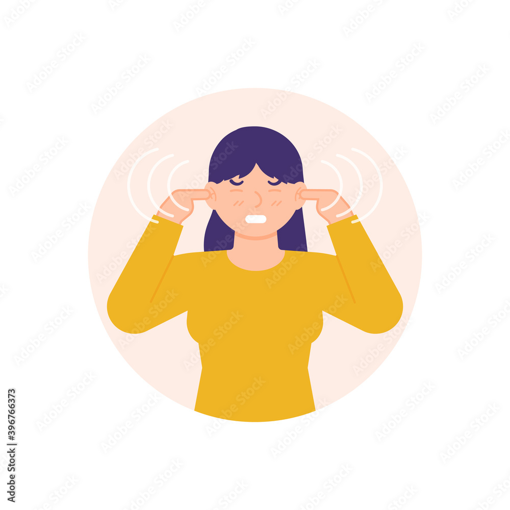 illustration of a woman covering his ears with his hands due to a loud and disturbing sound. ringing in the ears. distraction or problem. flat style. element design illustration of a woman covering his ears with his hands due to a loud and disturbing sound. ringing in the ears. distraction or problem. flat style. element design