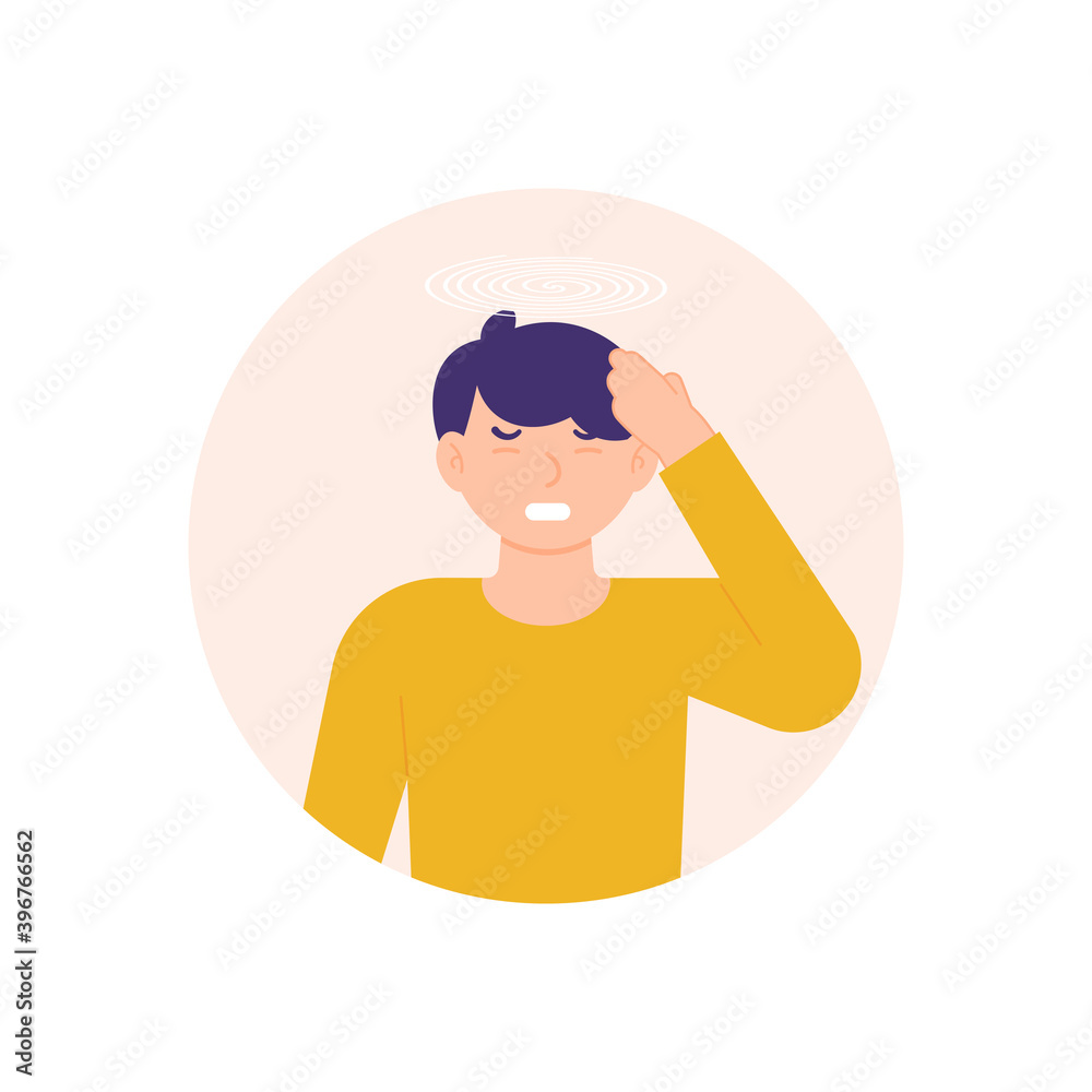 illustration of a man holding his head due to pain, migraine, dizziness and nausea. sick or stressed person. a child grimacing in pain. problems and illnesses. flat style. design elements. illustration of a man holding his head due to pain, migraine, dizziness and nausea. sick or stressed person. a child grimacing in pain. problems and illnesses. flat style. design elements.