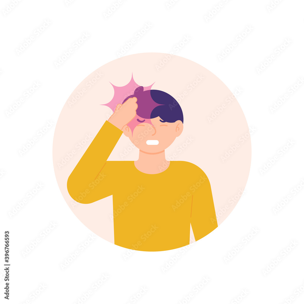 illustration of a man holding his head due to pain, migraine, dizziness and nausea. sick or stressed person. a child grimacing in pain. problems and illnesses. flat style. design elements. illustration of a man holding his head due to pain, migraine, dizziness and nausea. sick or stressed person. a child grimacing in pain. problems and illnesses. flat style. design elements.