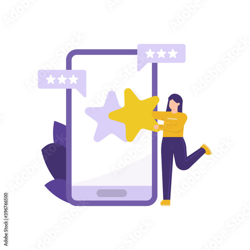 rating concept, feedback, and review. illustration of a woman wanting to give a star to a smartphone. message symbols and metaphors provide judgment. holding a star. flat style. design elements