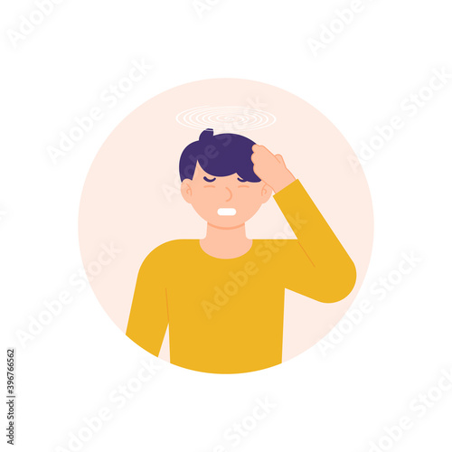 illustration of a man holding his head due to pain, migraine, dizziness and nausea. sick or stressed person. a child grimacing in pain. problems and illnesses. flat style. design elements.
