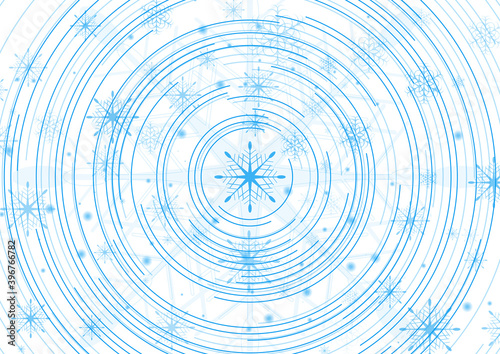 Blue winter Christmas tech abstract background with circular lines and snowflakes. Vector concept greeting card illustration