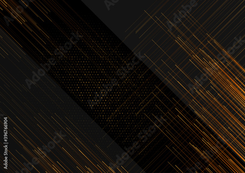 Black technology geometric background with golden dots and lines. Vector design