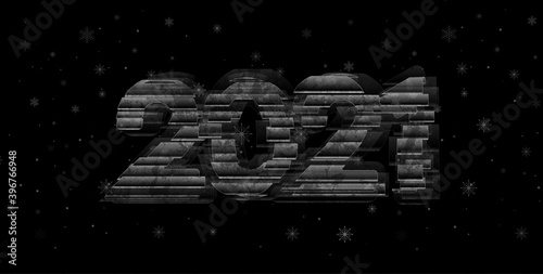 Dark grunge retro glitch 2021 New Year abstract background with falling snowflakes. Vector graphic design