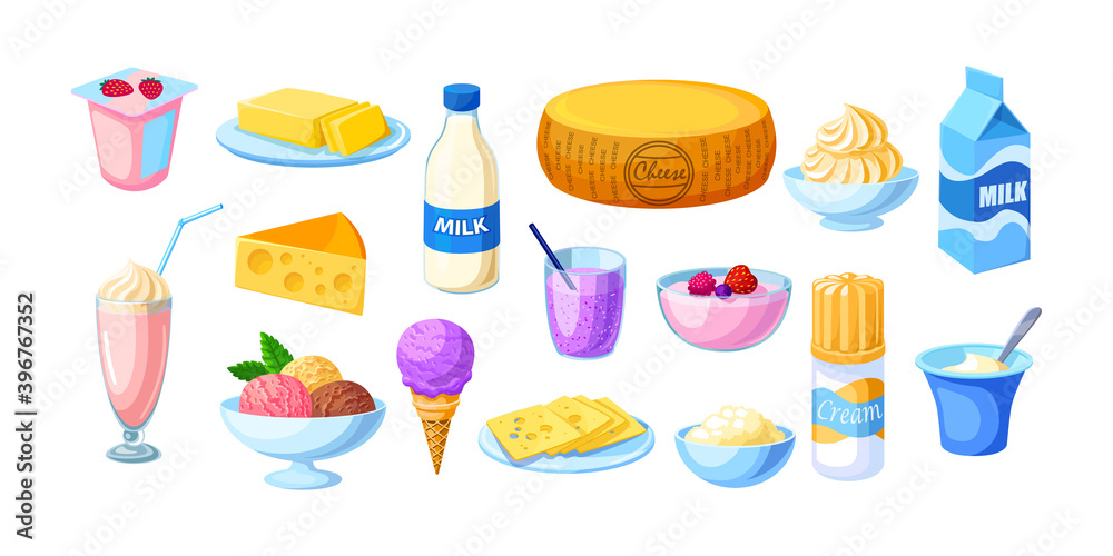 Dairy natural nutrition milk products set. Оrganic farm product for market and homemade food cottage cheese, milk, butter, cheese, sour cream, yogurt, ice cream, milk shake, smoothies vector