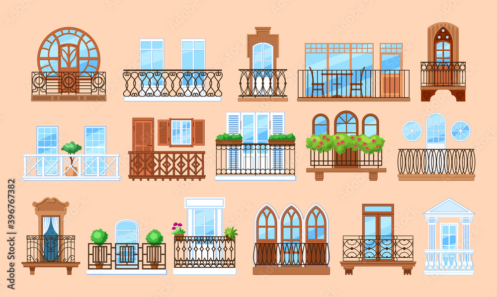 Vintage balcony with facade building. Balcony windows, house facade of wooden banister porch or metal forged fences. Home facade balconies with windows, doors, potted plants retro decor