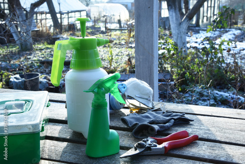 Garden maintenance tools pruner gloves sprayer garden first aid kit and respirator. Garden maintenance and trees or bush healf service