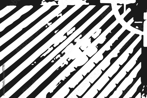 Abstract black white image with long and short intermittent liquid lines made by brush. A monochrome image drawn by hand. Dirty shabby smears of black paint. Vector eps illustration.