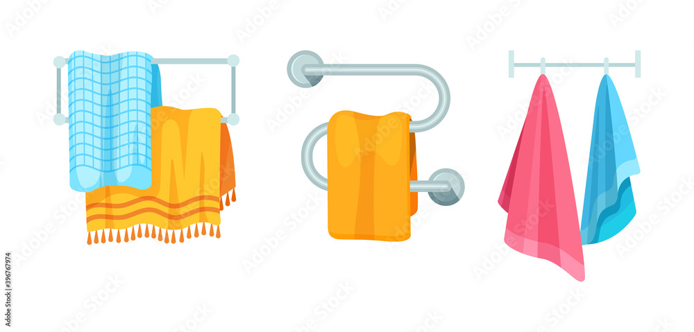 Bath and kitchen towels. Fabric towel hanging on a hanger, on a heated towel rail. Bathroom textile cartoon vector