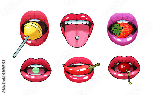 Sexy woman mouth set. Red sexy girls lips stickers pop art icons expressing different emotions. Woman mouth with strawberry, pepper, lemon,chewing gum, pill, lollipop in the teeth vector