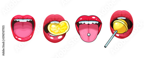 Sexy woman mouth set. Red sexy girls lips stickers pop art icons expressing different emotions. Woman mouth with lemon, pill, lollipop in the teeth vector