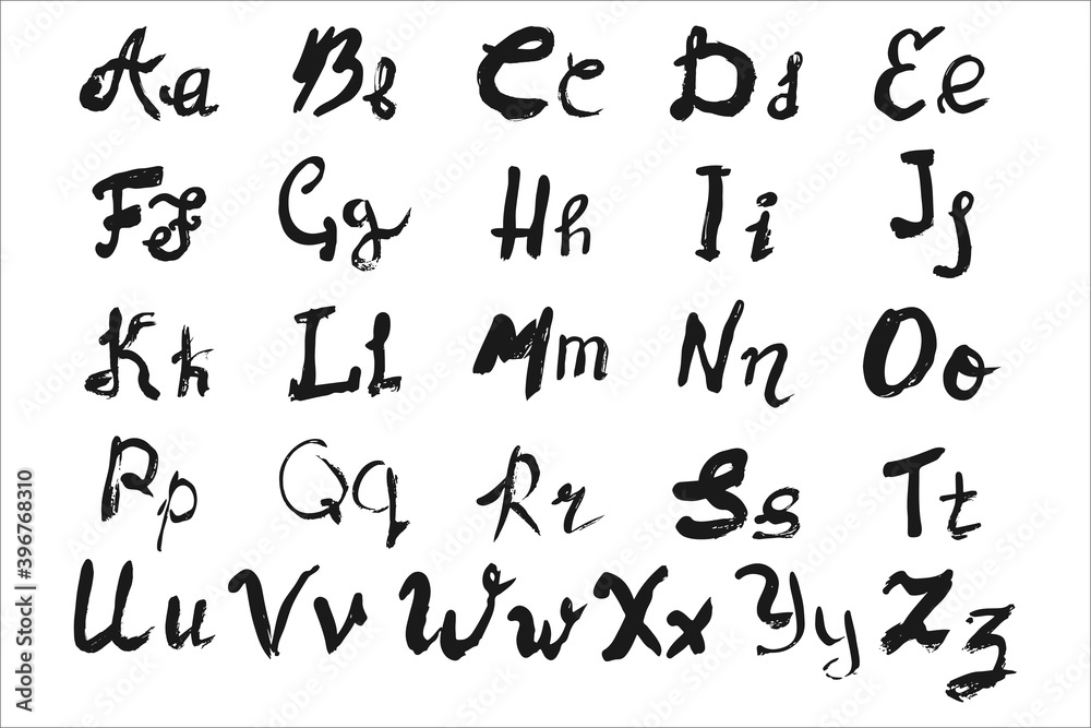 English alphabet drawn with brush. Calligraphic handwriting alphabet drawn in black letters on a white background. Set of isolated uppercase and lowercase letters in sketch style. English alphabet drawn with brush. Calligraphic handwriting alphabet drawn in black letters on a white background. Set of isolated uppercase and lowercase letters in sketch style.