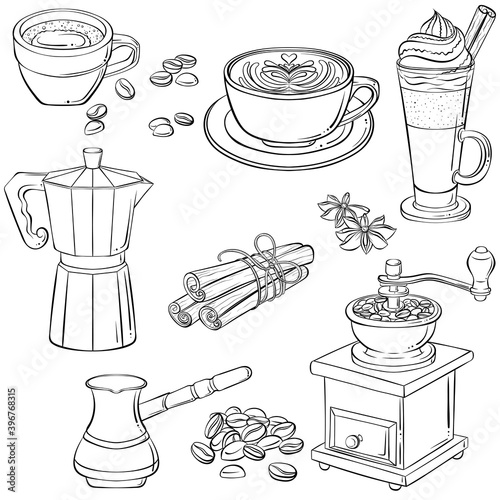 Set with various coffee drinks and coffee makers. Hand drawn vector illustration with black outline isolated on white background. Espresso, cappuccino. Elements for cafe menu, coloring book, print.