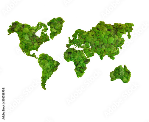 map of the earth on a white background of sterilized moss. handmade