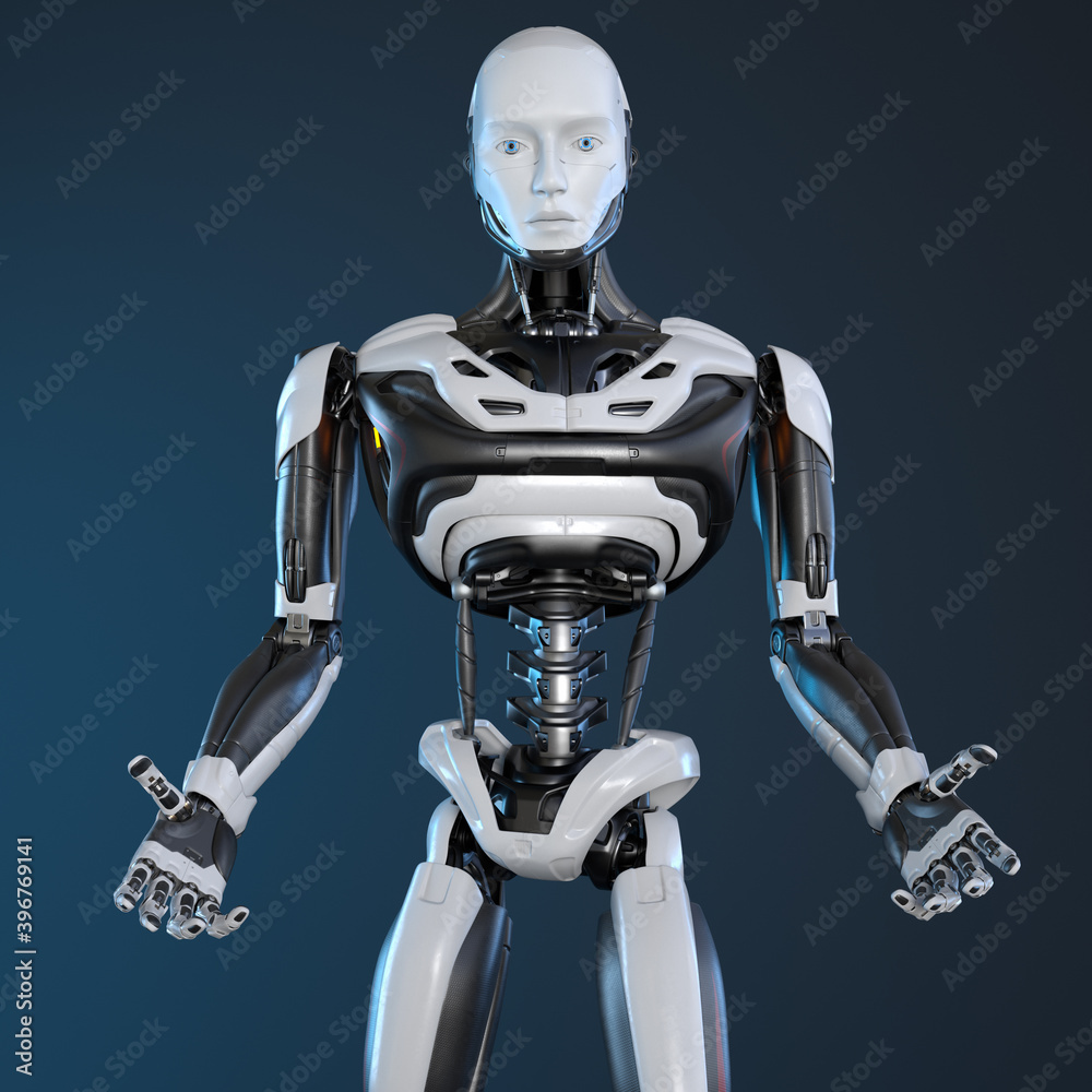 Naklejka premium Robot android posing on a dark background