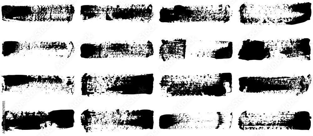 Black paint brush strokes, dirty inked grunge art brushes. Dirty ink texture splatters. Grunge rectangle text boxes	