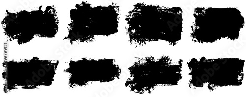 Black paint brush strokes, dirty inked grunge art brushes. Dirty ink texture splatters. Grunge rectangle text boxes	