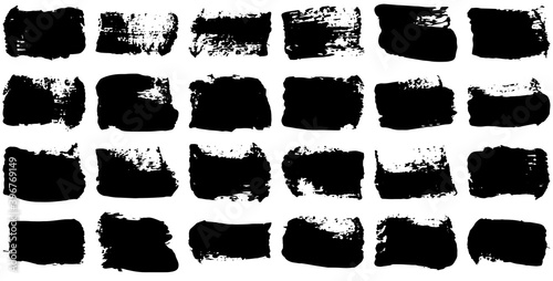 Black paint brush strokes, dirty inked grunge art brushes. Dirty ink texture splatters. Grunge rectangle text boxes	