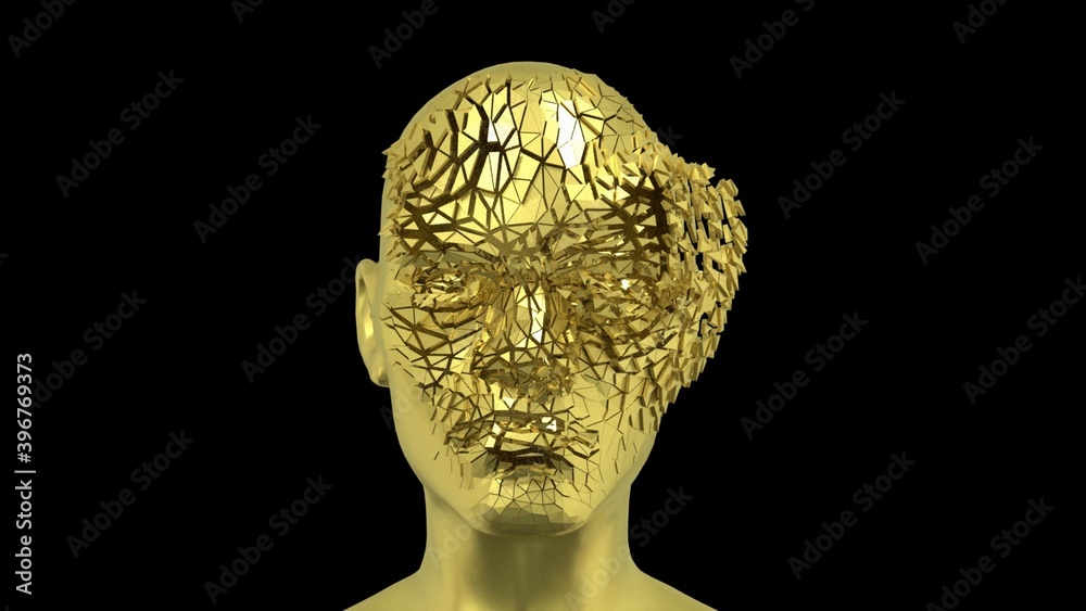 Abstract Human Head scattering into pieces, Golden face or sculpture with realistic environmental light reflections, 4K High Quality, 3D render Abstract Human Head scattering into pieces, Golden face or sculpture with realistic environmental light reflections, 4K High Quality, 3D render