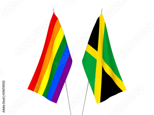 National fabric flags of Rainbow gay pride and Jamaica isolated on white background. 3d rendering illustration.