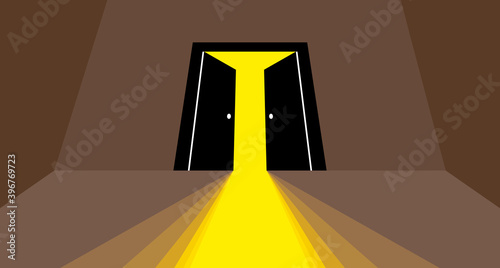 Half open secret door new opportunities concept vector illustration, fear of the unknown, step inside the light from the dark, what is behind, what is there.