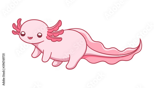 Happy axolotl side view cartoon vector illustration. Cute underwater aquatic animal design for kids. Simple flat style with outline clip art.