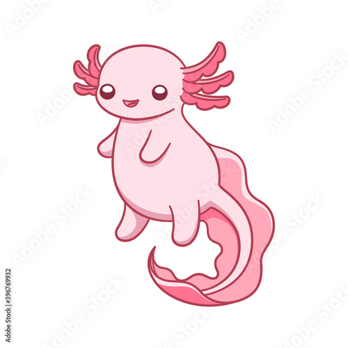 Happy axolotl swimming cartoon vector illustration. Cute underwater aquatic animal design for kids. Simple flat style with outline clip art.