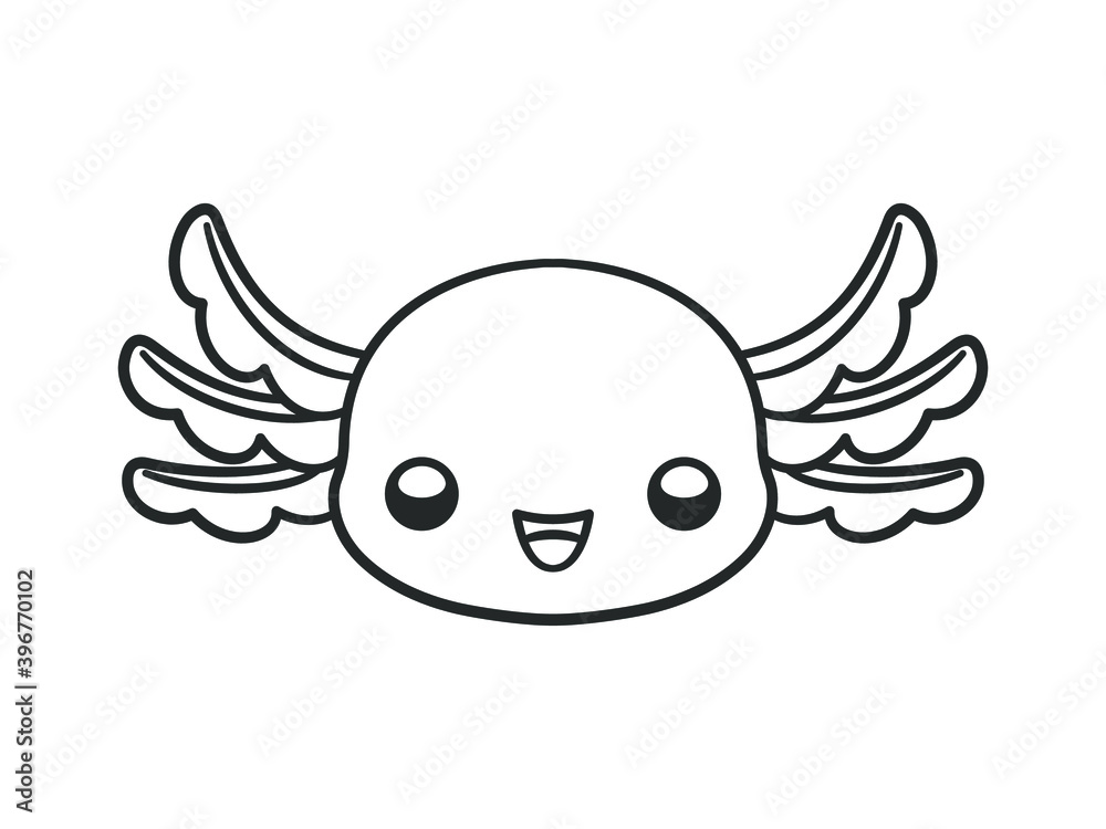 Happy axolotl head cartoon black and white outline vector illustration.  Cute underwater aquatic animal coloring book page activity design for kids.  Stock Vector | Adobe Stock