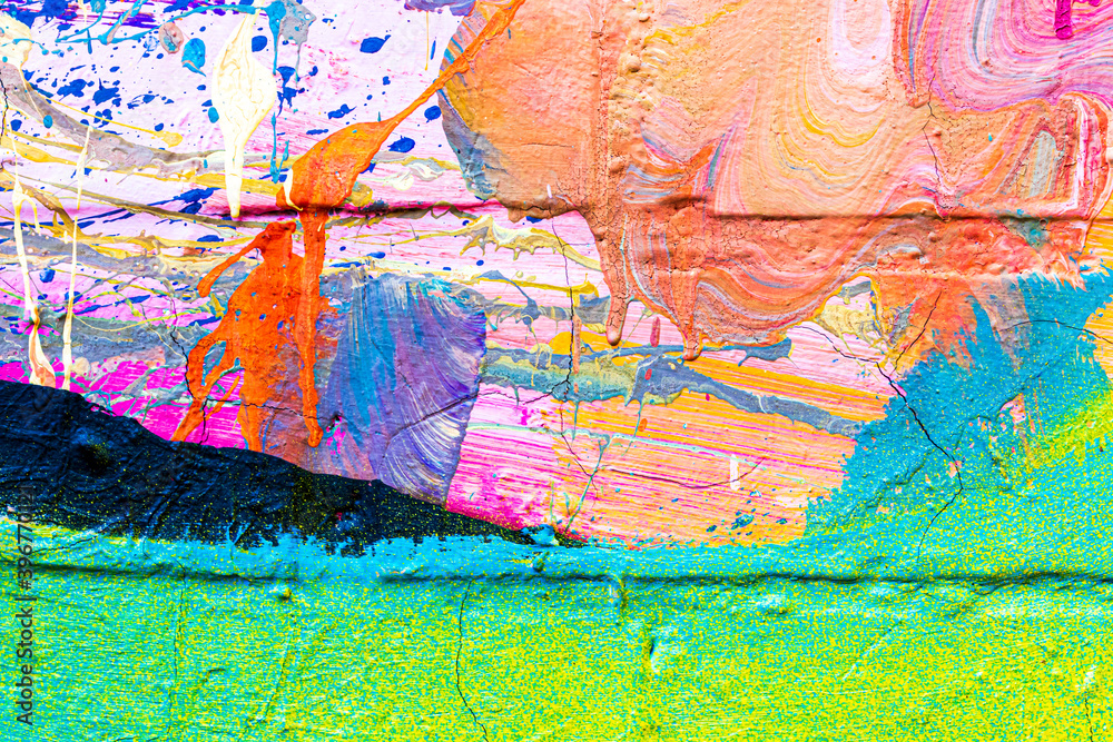 A fragment of colorful graffiti painted on a brick wall. Abstract backdrop for design. - obrazy, fototapety, plakaty 