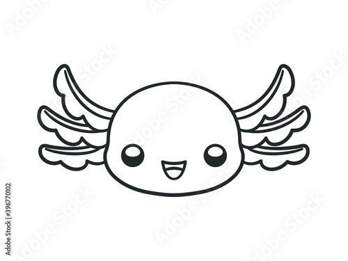 Happy axolotl head cartoon black and white outline vector illustration. Cute underwater aquatic animal coloring book page activity design for kids.